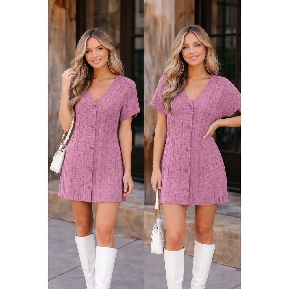 Free People Cable Knit Cardigan Dress Womens OS Pink Excellent Short Sleeve Mini